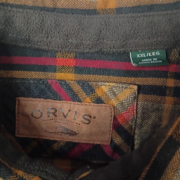ORVIS Heavyweight Flannel Shirt Mens 2XL Brown Plaid Shacket 4 Pockets Big Bear - Picture 3 of 10